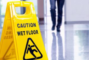 person walking near yellow wet floor sign