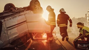 Car Crash Traffic Accident: Paramedics and Firefighters Plan Rescuing Passengers Trapped in Rollover Vehicle.