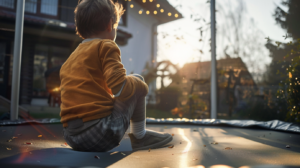 Niño con una pierna lesionada sentado en un trampolín